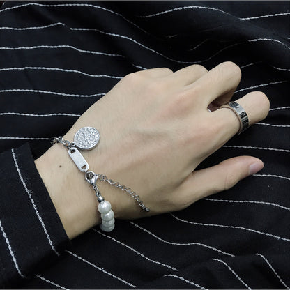 Saint Benedict Medal Pearl Link Chain Bracelet Stainless Steel Hip-Hop KPOP TikTok Style