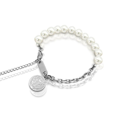 Saint Benedict Medal Pearl Link Chain Bracelet Stainless Steel Hip-Hop KPOP TikTok Style