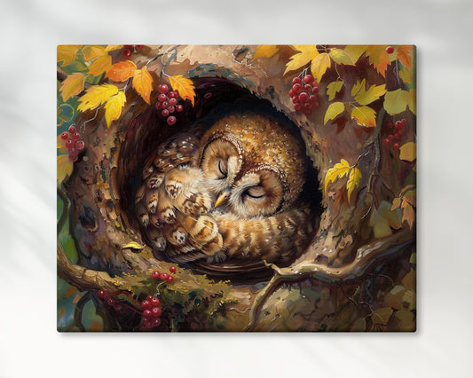 Sleeping Baby Tawny Owl in Autumn – 5:4 Ratio Canvas Wall Art