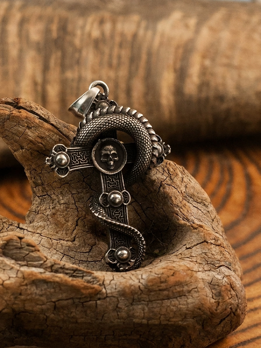 Viking Jörmungandr on Cross Stainless Steel Necklace