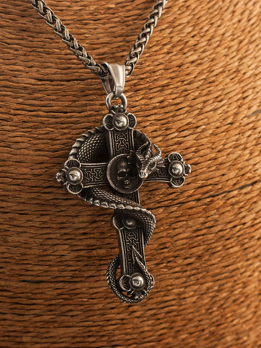 Viking Jörmungandr on Cross Stainless Steel Necklace