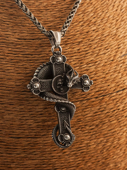 Viking Jörmungandr on Cross Stainless Steel Necklace