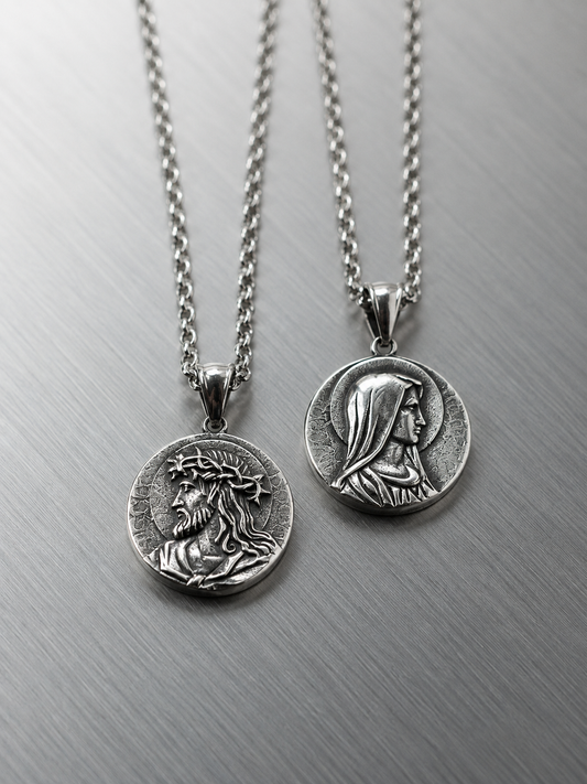 Virgin Mary and Jesus Christ Two-sided Pendant Necklace
