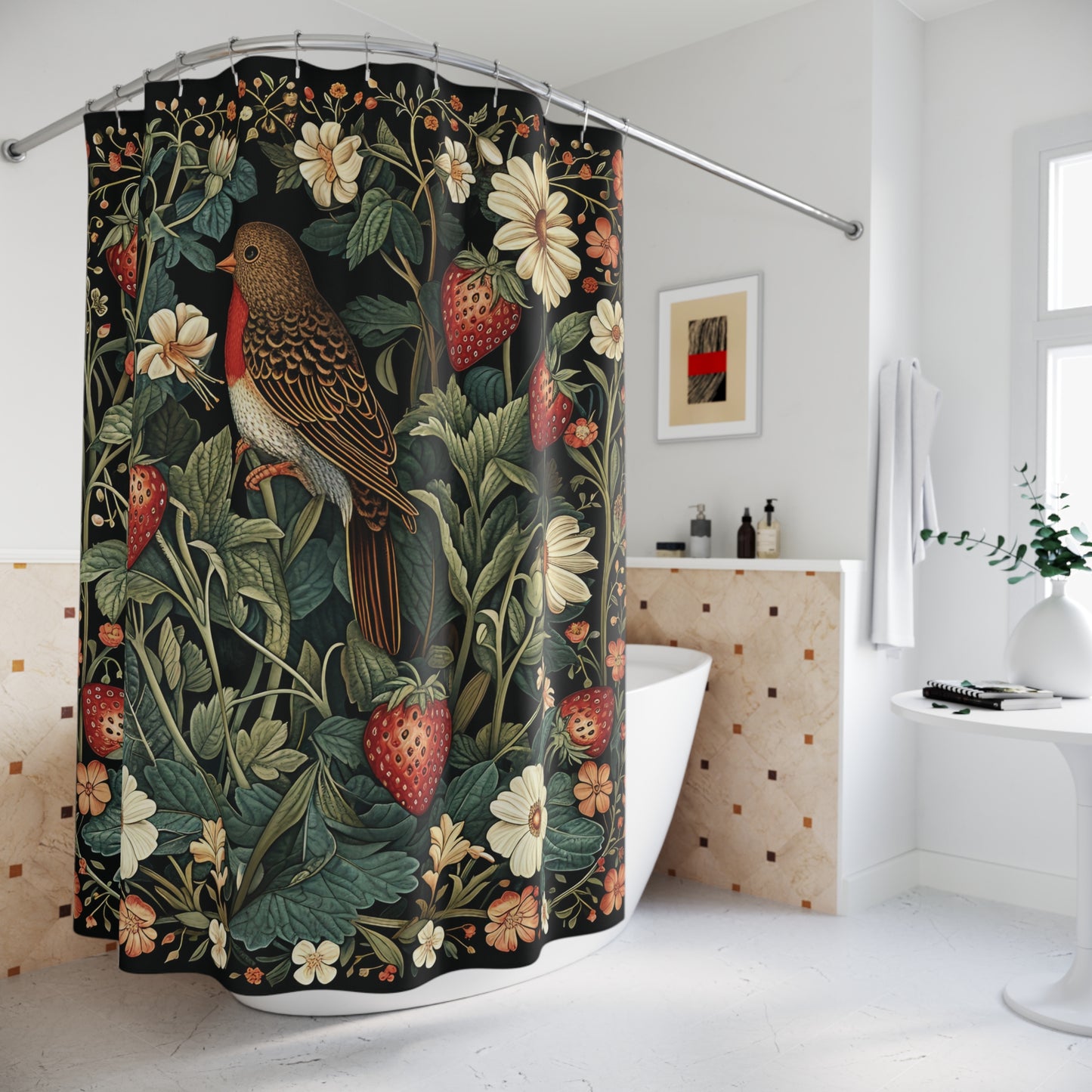 Bird in Strawberry Field Shower Curtain, William Morris Inspired, Farmhouse Bathroom, Floral Shower Curtain, 71in x 74in