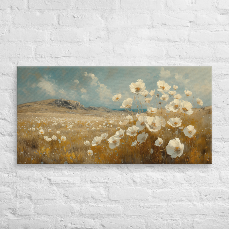 White Flower Meadow Painting – 2:1 Ratio Gallery Wrapped Canvas Wall Art, Ready to Hang