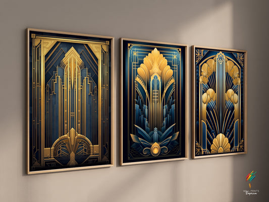 Set of 3 Navy Blue and Gold Art Deco Wall Art set, 3 piece Stylish 1920s Art Deco Skyline Art Prints