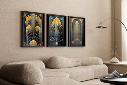 Set of 3 Navy Blue and Gold Art Deco Wall Art set, 3 piece Stylish 1920s Art Deco Skyline Art Print