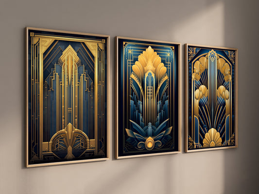 Set of 3 Navy Blue and Gold Art Deco Wall Art set, 3 piece Stylish 1920s Art Deco Skyline Art Print