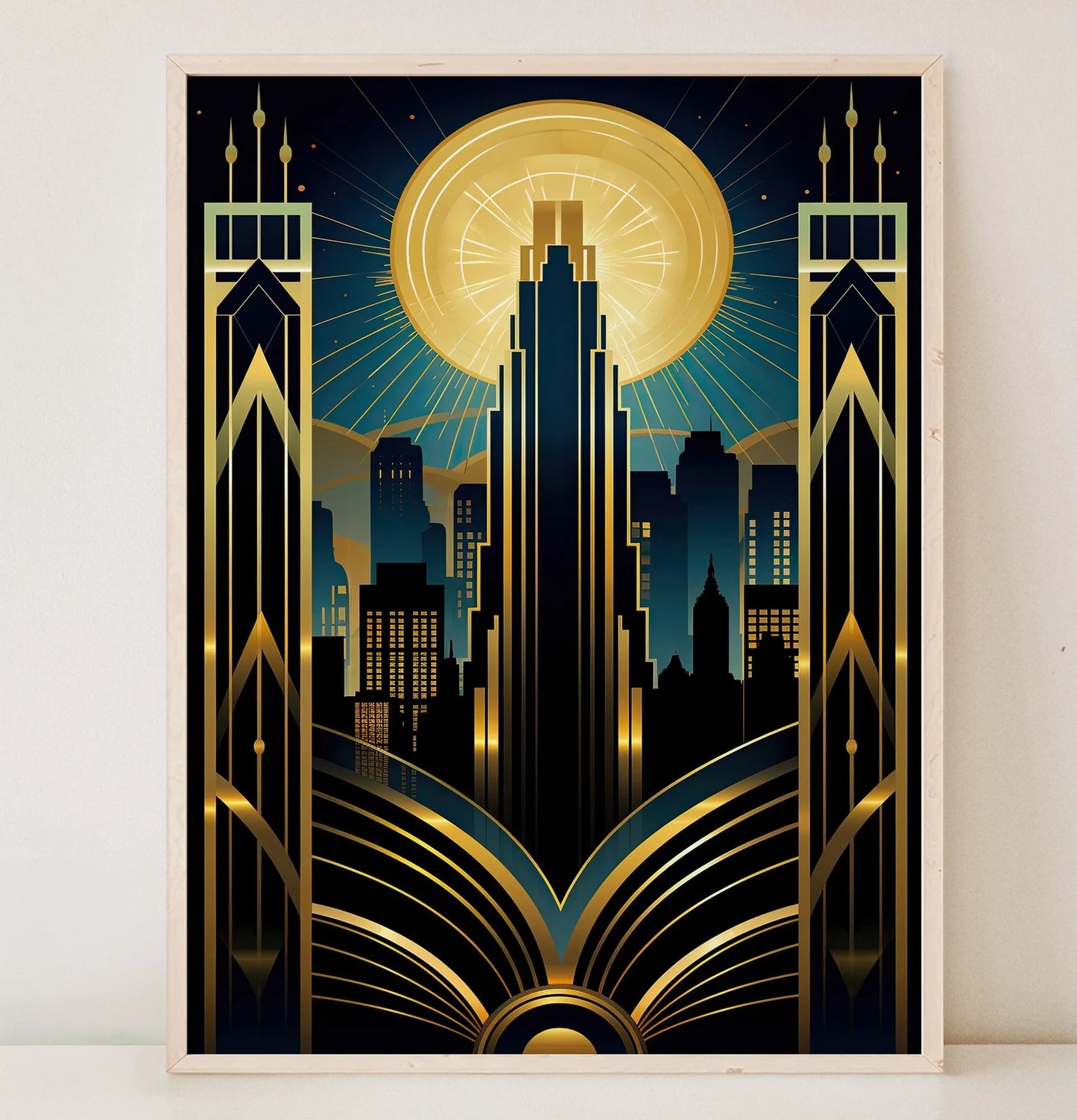 Blue And Gold Art Deco Poster, New York Skyline Wall Art, Art Deco City SkyLine Art, Art Deco Print