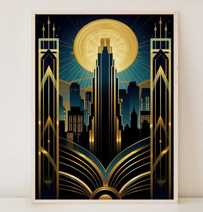 Blue And Gold Art Deco Poster, New York Skyline Wall Art, Art Deco City SkyLine Art, Art Deco Print