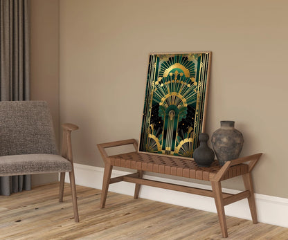 Emerald Green Gold Art Deco Print, Stylish 1920s Art Deco Poster, Vintage Staging Wall Art
