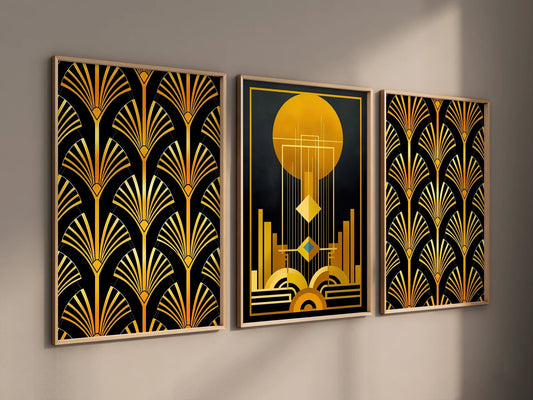 Set of 3 Vintage Black Gold Art Deco Print Set, 3 Piece Art Deco Sun Print, 1920 Art Deco Posters
