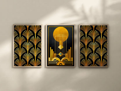 Set of 3 Vintage Black Gold Art Deco Print Set, 3 Piece Art Deco Sun Print, 1920 Art Deco Posters