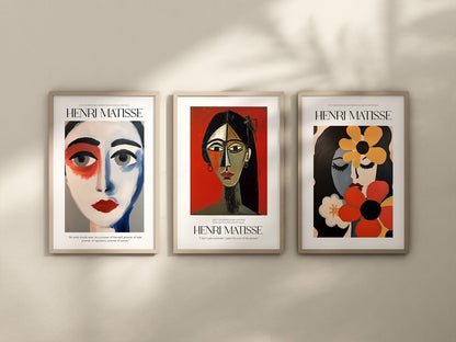 Set of 3 Prints Matisse Inspired Red Woman Print, Female Portrait Art Gifts