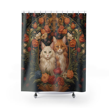 Cats in Floral Garden Shower Curtain, William Morris Inspired, Farmhouse Bathroom, Floral Shower Curtain, 71" x 74"