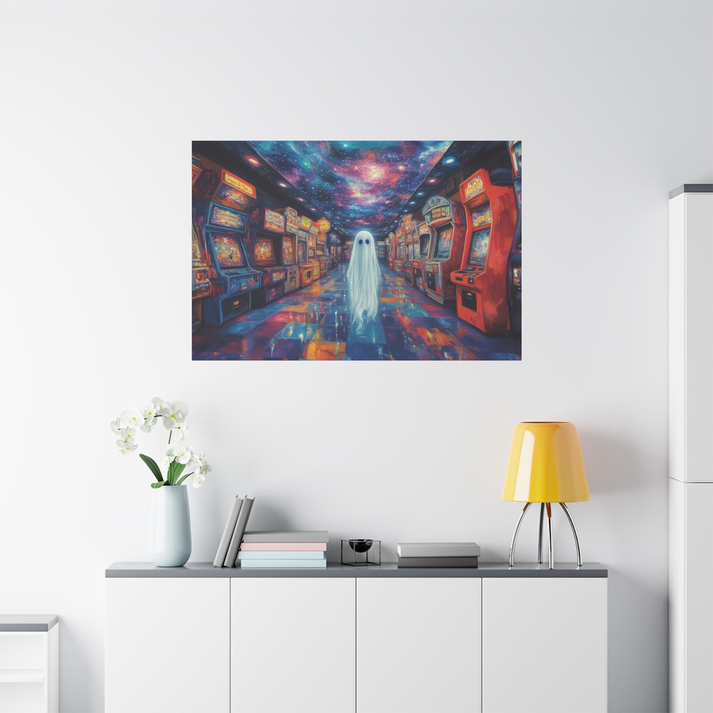 Cute Ghost in Arcade Game Store – Halloween Canvas Wall Art