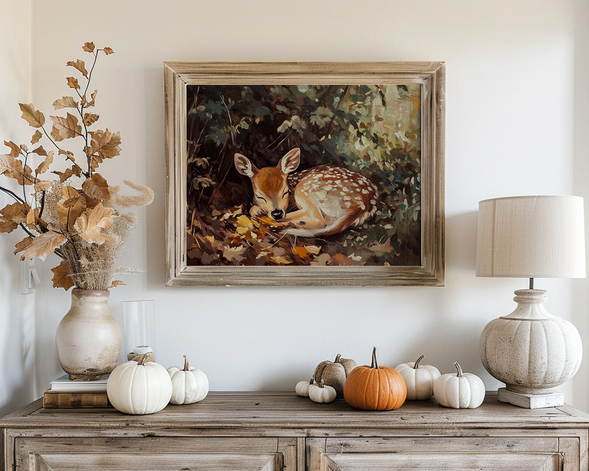 Sleeping Baby Deer in Autumn – 5:4 Ratio Canvas Wall Art