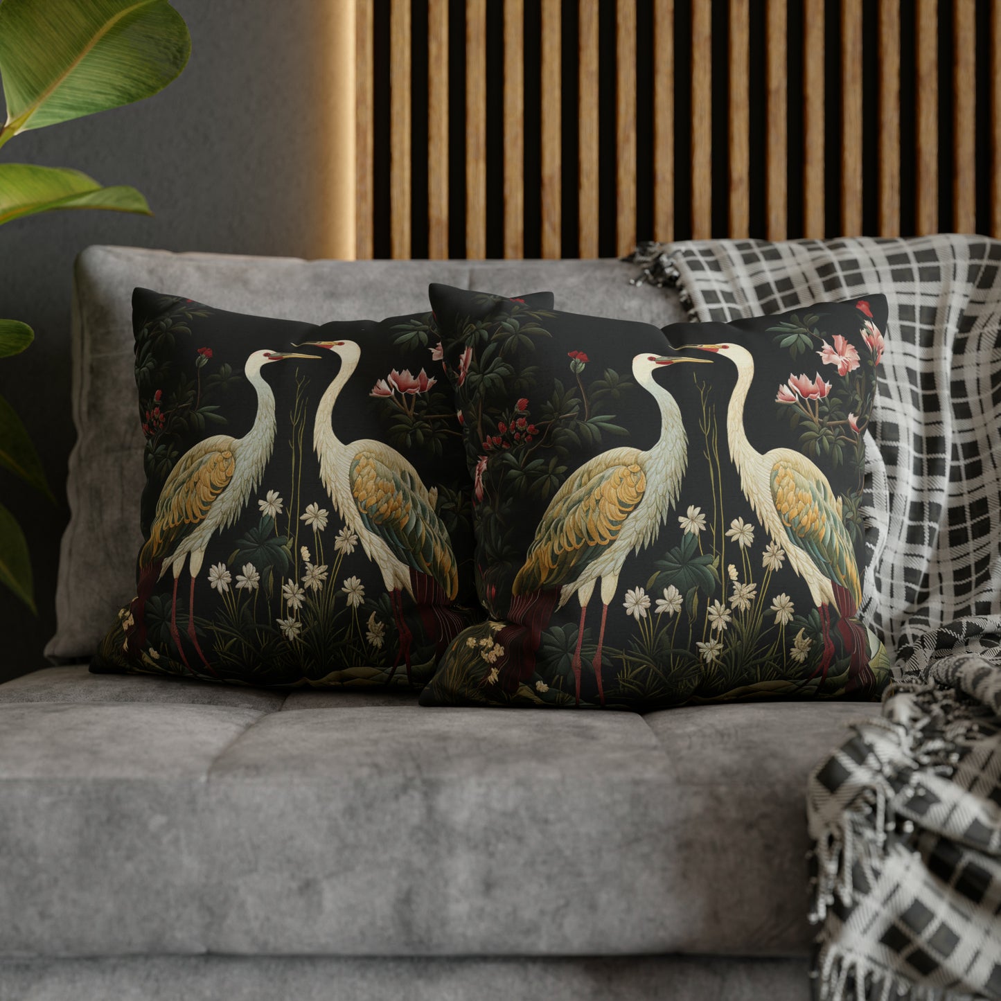 Crane Couple in Floral Garden Pillow William Morris Inspired
