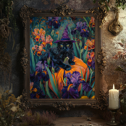 Witch Cat Pumpkin and Iris flowers – Canvas Print Wall Art