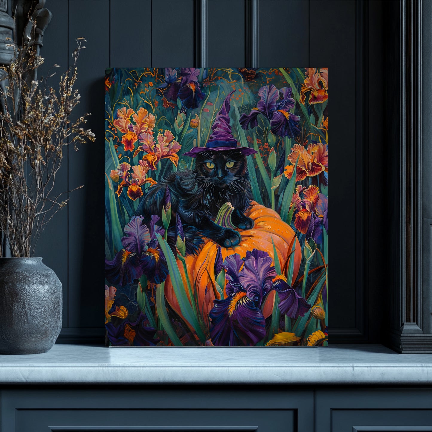 Witch Cat Pumpkin and Iris flowers – Canvas Print Wall Art