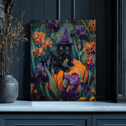 Witch Cat Pumpkin and Iris flowers – Canvas Print Wall Art