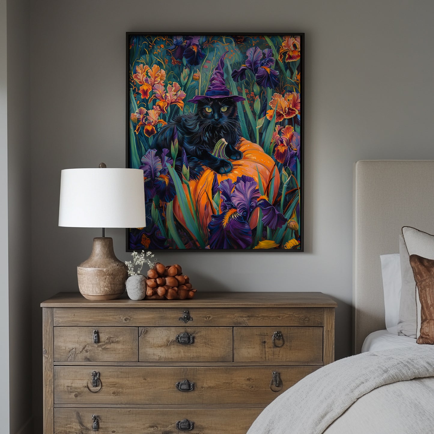 Witch Cat Pumpkin and Iris flowers – Canvas Print Wall Art