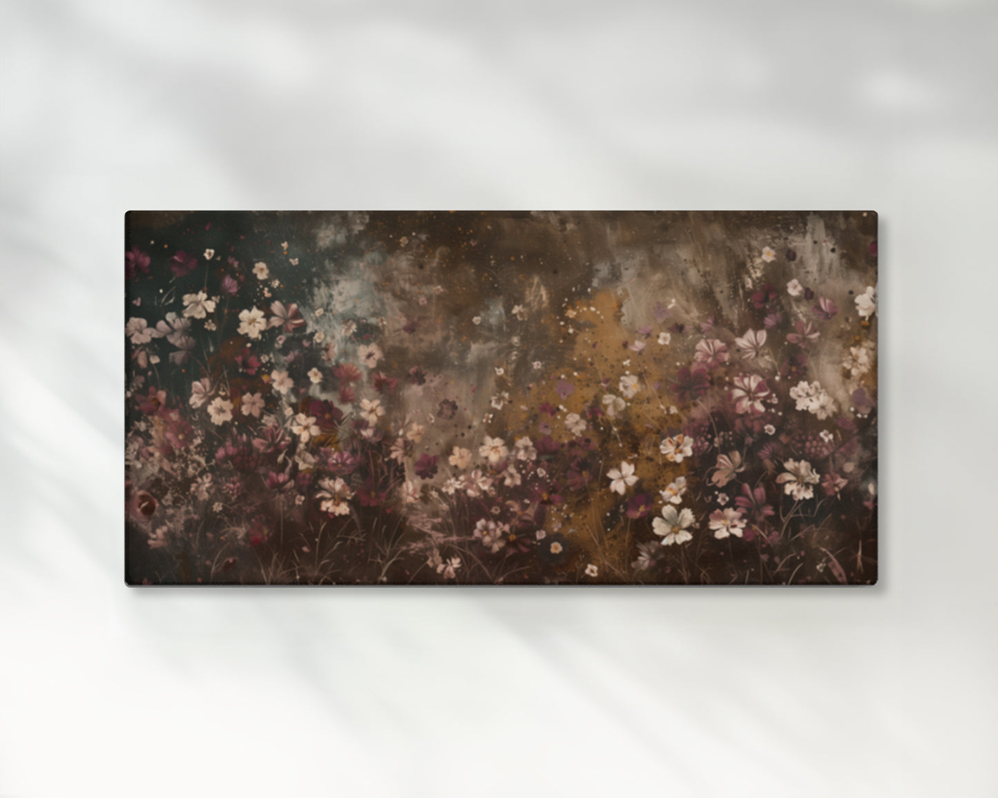 Neutral Rustic Flowers Painting – 2:1 Ratio Gallery Wrapped Canvas Wall Art, Ready to Hang