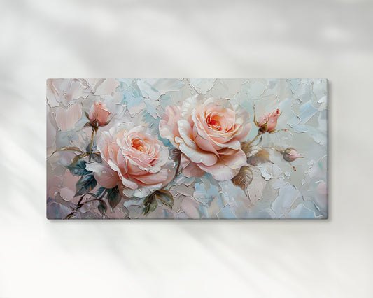 Soft Pink Roses Oil Painting – 2:1 Ratio Gallery Wrapped Canvas Wall Art, Ready to Hang