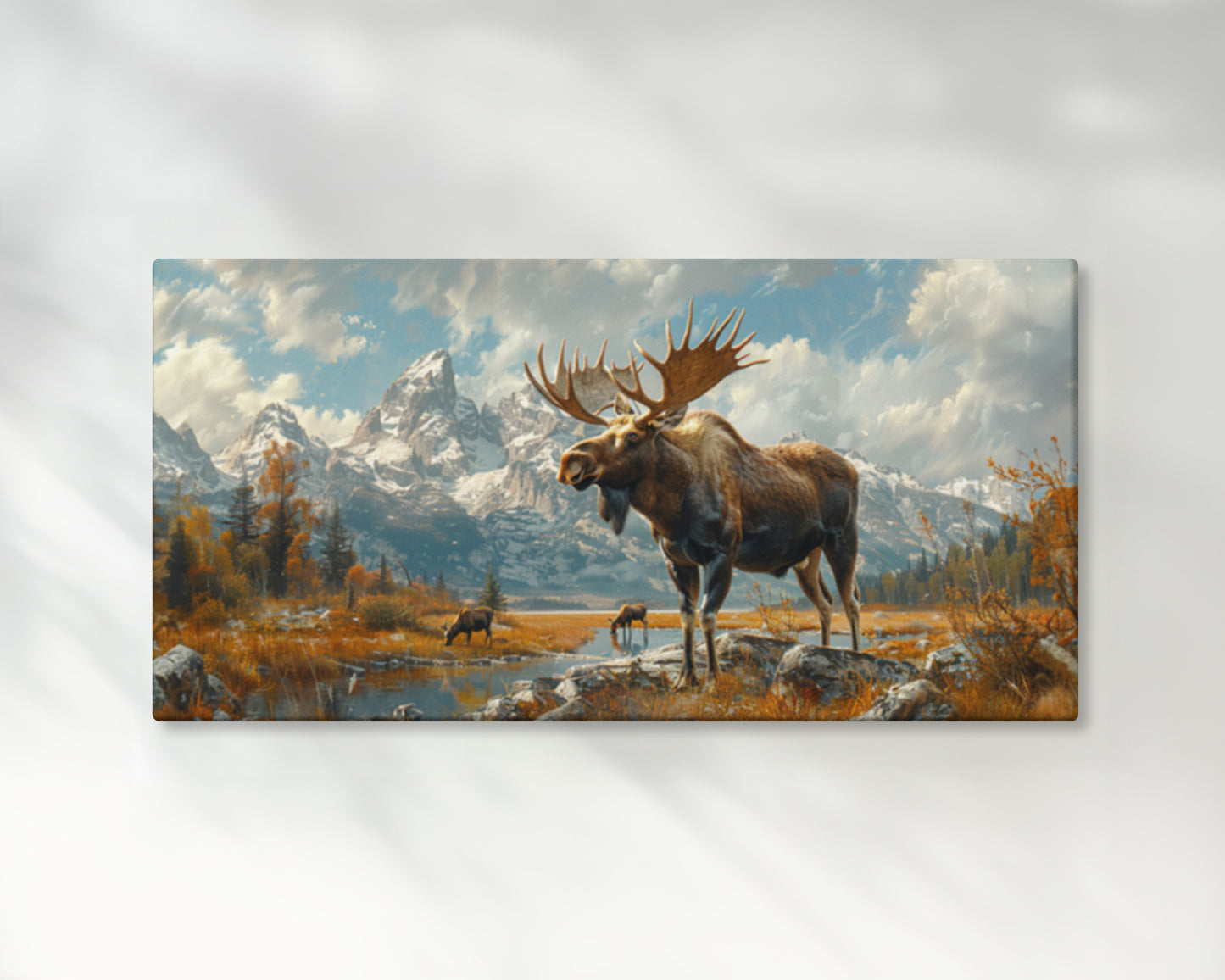 Majestic Moose Trio in Hot Spring – 2:1 Ratio Gallery Wrapped Canvas Wall Art, Ready to Hang