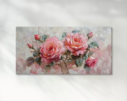 Pink Roses Oil Painting – 2:1 Ratio Gallery Wrapped Canvas Wall Art, Ready to Hang