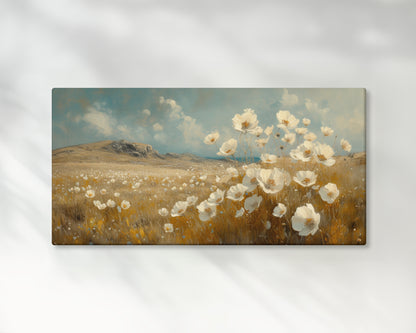 White Flower Meadow Painting – 2:1 Ratio Gallery Wrapped Canvas Wall Art, Ready to Hang