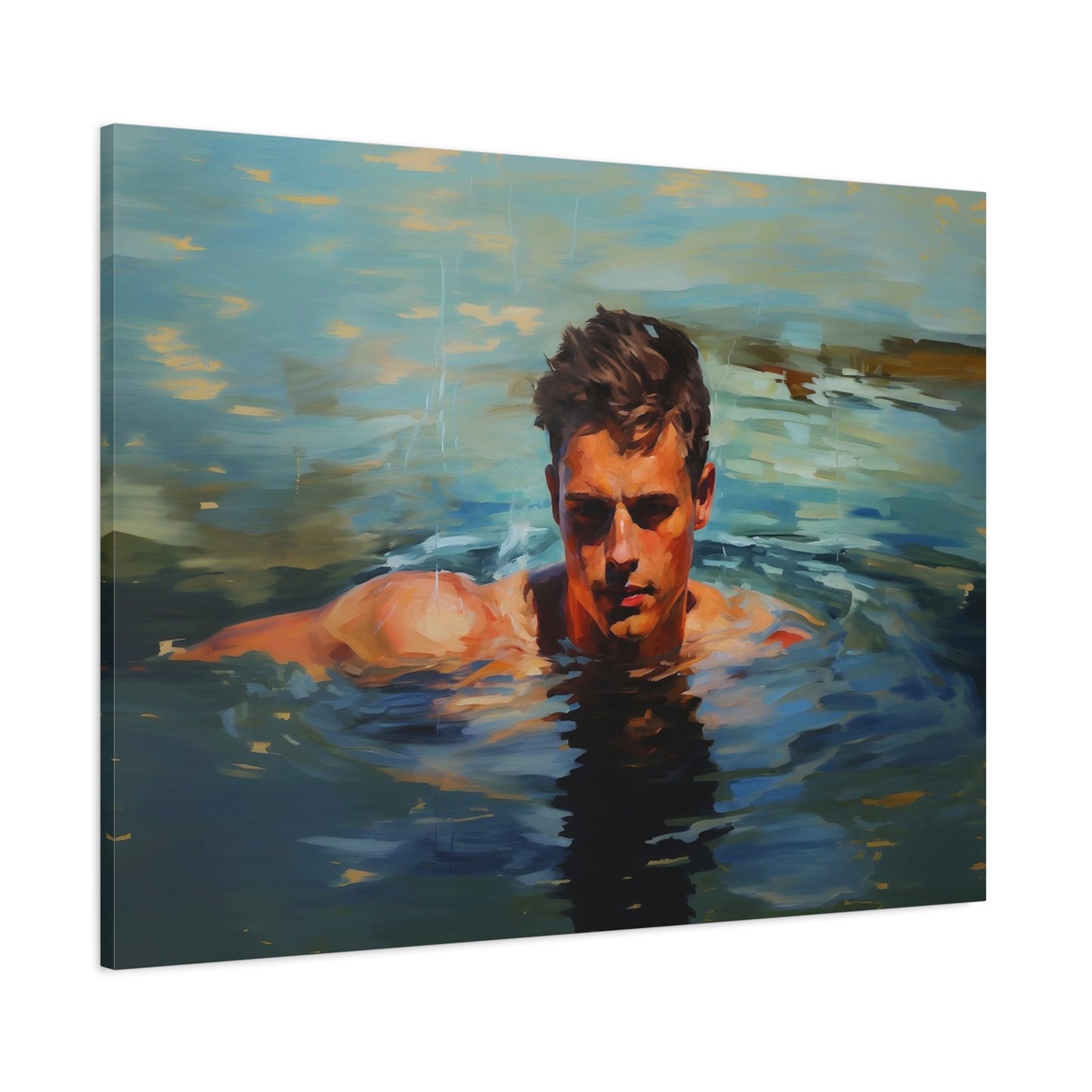 Man Swimming in a Lake Impressionist Portrait Canvas Print Wall Art