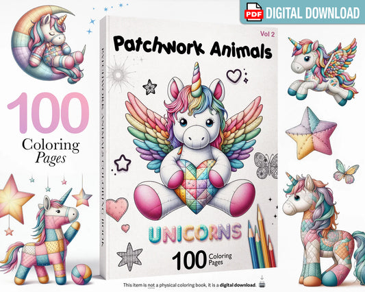 Patchwork Unicorns Coloring Book Pages PDF Download