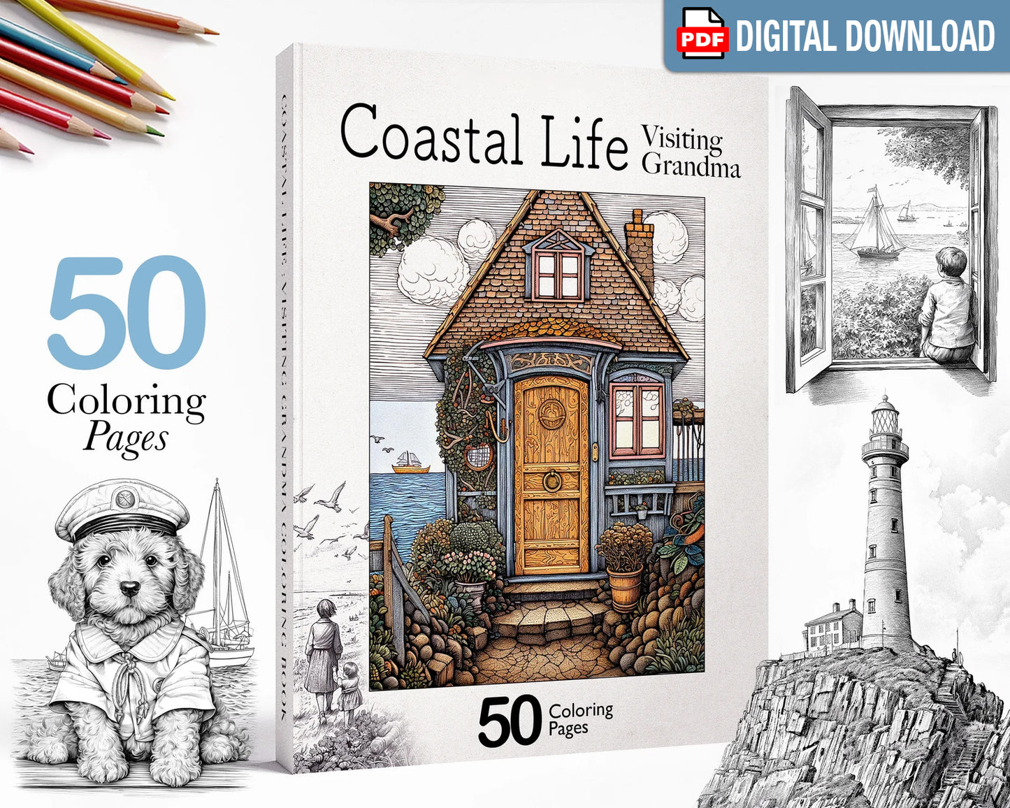 Coastal Life: Visiting Grandma Coloring Book, Whimsical Landscapes Coloring Pages PDF