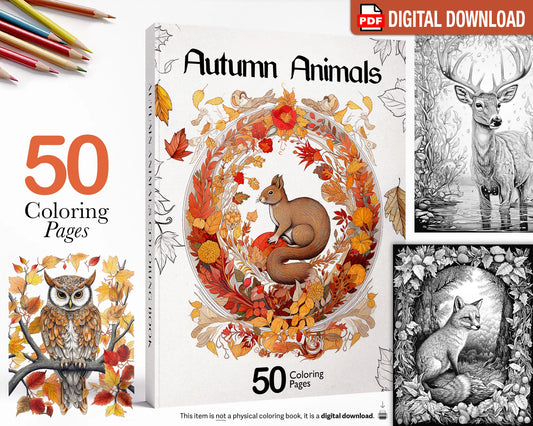 Autumn Animals: Fall Coloring Book, Wildlife Coloring Page, Adults Kids Coloring Pages PDF