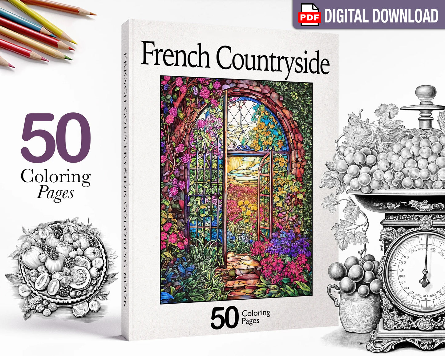 French Countryside Whimsical Coloring Book, Nature Landscapes, Printable Coloring Pages PDF