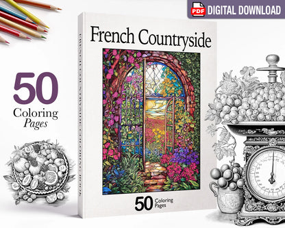 French Countryside Whimsical Coloring Book, Nature Landscapes, Printable Coloring Pages PDF