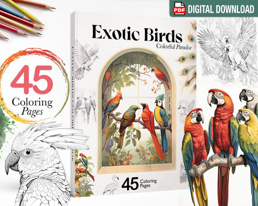 Exotic Birds Coloring Book, Tropical Birds, Printable Coloring  PDF