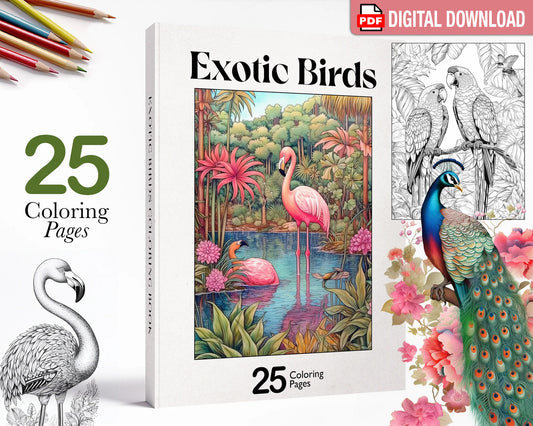 Exotic Birds Coloring Book, Tropical Birds, Adults Kids Coloring Pages Printable PDF