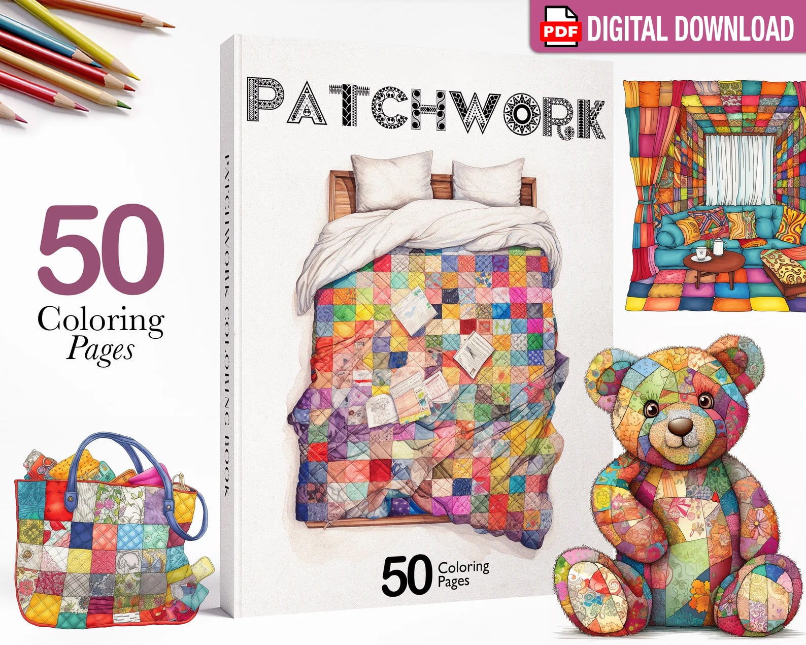 Patchwork Pattern Unique Coloring Book, Stress Relief Printable Colori ...