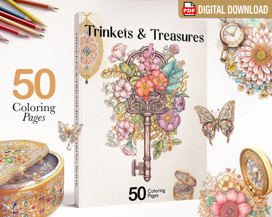 Whimsical Coloring Book of Trinkets & Treasures, Flowers Vintage Jewelry Coloring Pages PDF