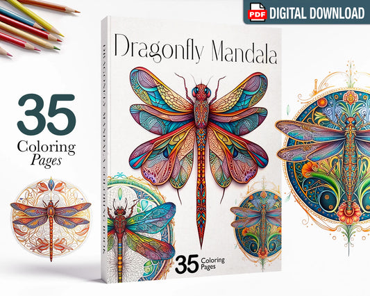 Dragonfly Mandala Coloring Book, Dragonfly Coloring Pages, Printable PDF