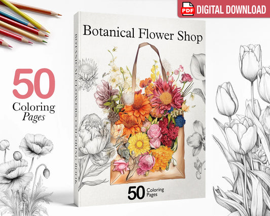 Botanical Flowers Coloring Book, Beautiful Flowers Coloring Page, Printable PDF