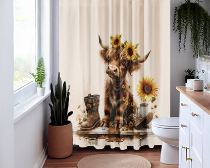 Adorable Highland Baby Cow Sunflowers Shower Curtain Farmhouse Bathroom Decor