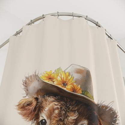 Cute Highland Baby Cow in Cowboy Hat Sunflowers Shower Curtain Farmhouse Bathroom Decor