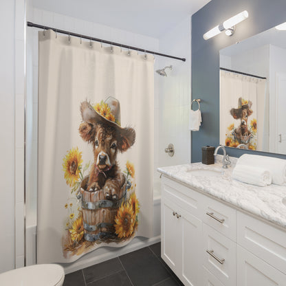 Cute Highland Baby Cow in Cowboy Hat Sunflowers Shower Curtain Farmhouse Bathroom Decor