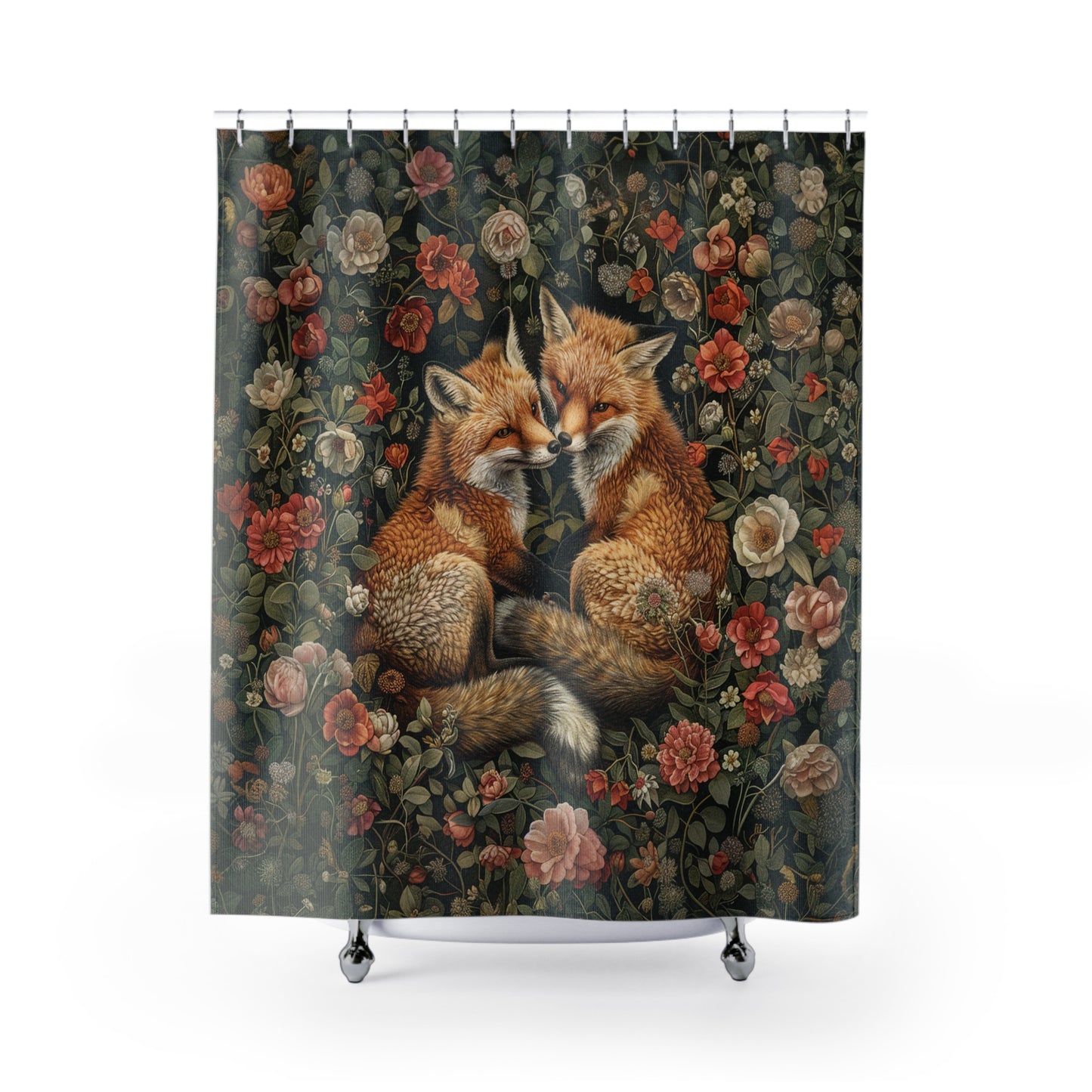 Fox Couple Floral Shower Curtain William Morris Inspired Home Decor Shower Curtain 71" x 74"