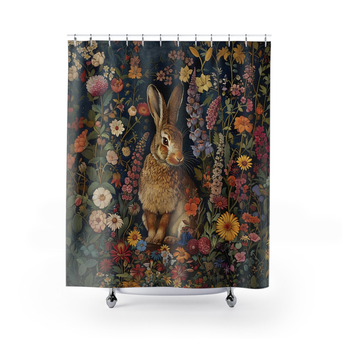 Cute Rabbit Shower Curtain, William Morris Inspired, Farmhouse Bathroom, Floral Shower Curtain, 71" x 74"