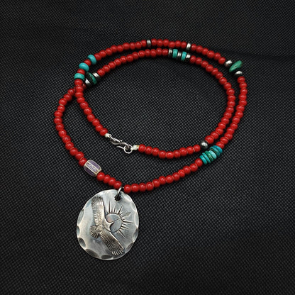 Silver Eagle Rising Sun Medallion Pendant