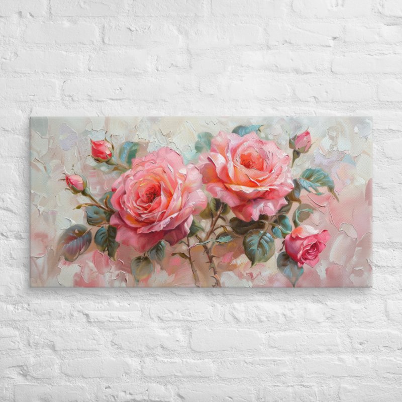 Pink Roses Oil Painting – 2:1 Ratio Gallery Wrapped Canvas Wall Art, Ready to Hang